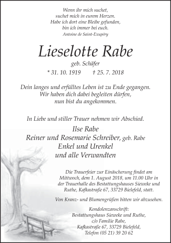 Traueranzeige von Lieselotte Rabe