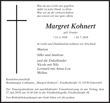 Traueranzeige von Margret Kohnert von Neue Westfälische