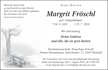 Traueranzeige von Margrit Fröschl von Neue Westfälische