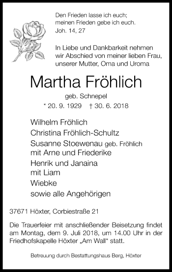 Traueranzeige von Martha Fröhlich von Neue Westfälische