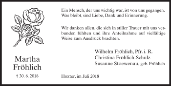Traueranzeige von Martha Fröhlich von Neue Westfälische