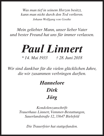 Traueranzeige von Paul Linnert von Neue Westfälische
