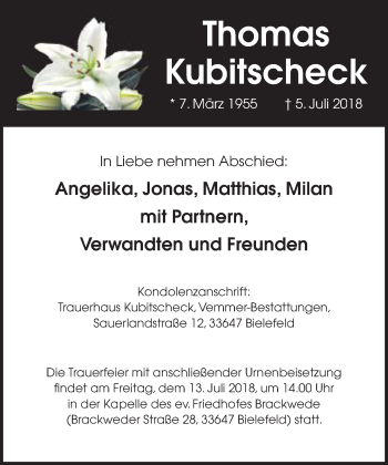Traueranzeige von Thomas Kubitscheck von Neue Westfälische