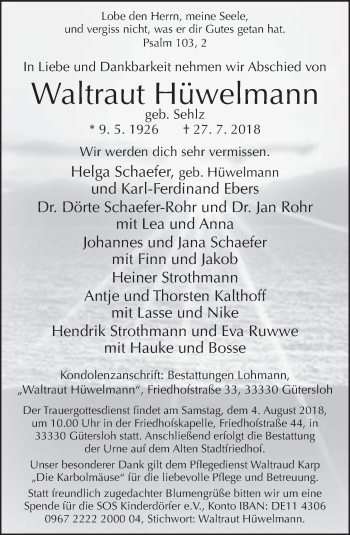 Traueranzeige von Waltraut Hüwelmann von Neue Westfälische