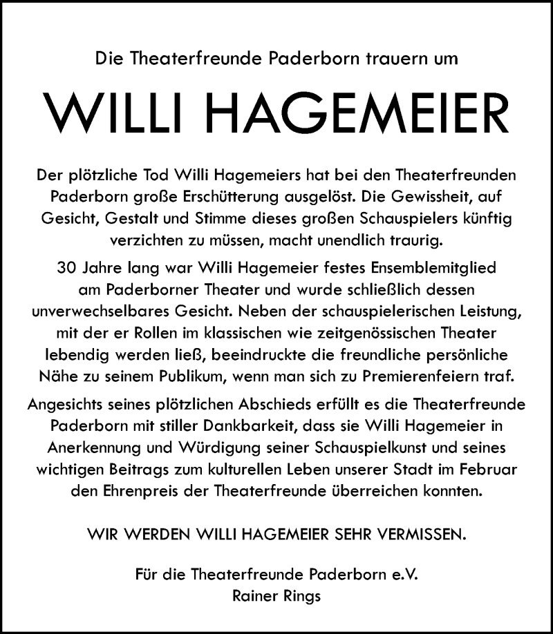  Traueranzeige für Willi Hagemeier vom 11.07.2018 aus Neue Westfälische