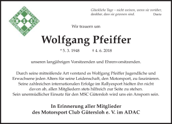 Traueranzeige von Wolfgang Pfeiffer