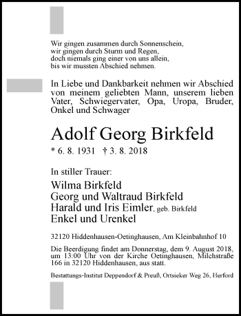 Traueranzeige von Adolf Georg Birkfeld von Neue Westfälische