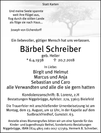 Traueranzeige von Bärbel Schreiber von Neue Westfälische