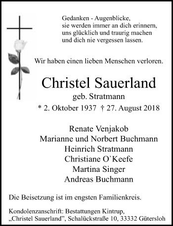 Traueranzeige von Christel Sauerland von Neue Westfälische