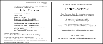 Traueranzeige von Dieter Osterwald von Neue Westfälische