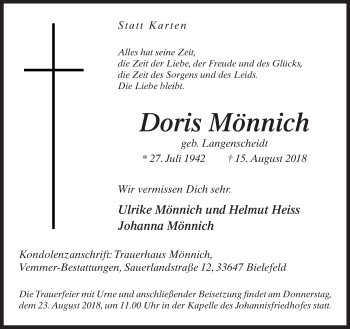Traueranzeige von Doris Mönnich von Neue Westfälische