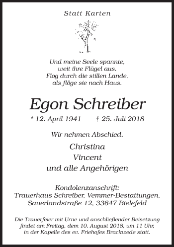 Traueranzeige von Egon Schreiber von Neue Westfälische
