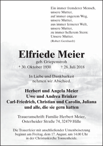 Traueranzeige von Elfriede Meier von Neue Westfälische