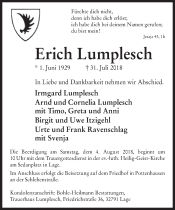 Traueranzeige von Erich Lumplesch von Neue Westfälische