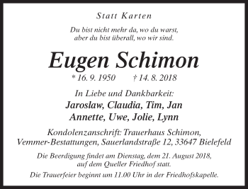 Traueranzeige von Eugen Schimon von Neue Westfälische