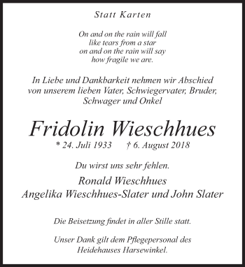 Traueranzeige von Fridolin Wieschhues von Neue Westfälische