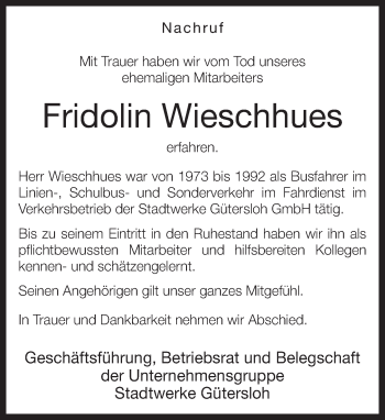 Traueranzeige von Fridolin Wieschhues von Neue Westfälische