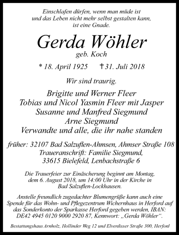 Traueranzeige von Gerda Wöhler von Neue Westfälische