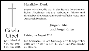 Traueranzeige von Gisela Uibel von Neue Westfälische