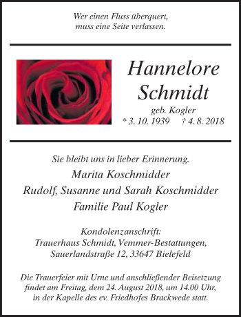 Traueranzeige von Hannelore Schmidt von Neue Westfälische