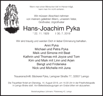 Traueranzeige von Hans-Joachim Pyka von Neue Westfälische