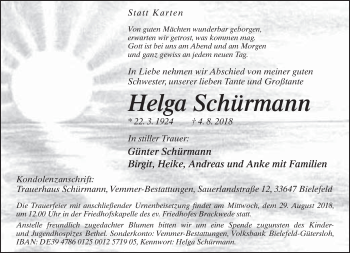 Traueranzeige von Helga Schürmann von Neue Westfälische