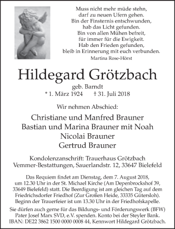 Traueranzeige von Hildegard Grötzbach von Neue Westfälische