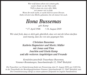 Traueranzeige von Ilona Bussemas von Neue Westfälische