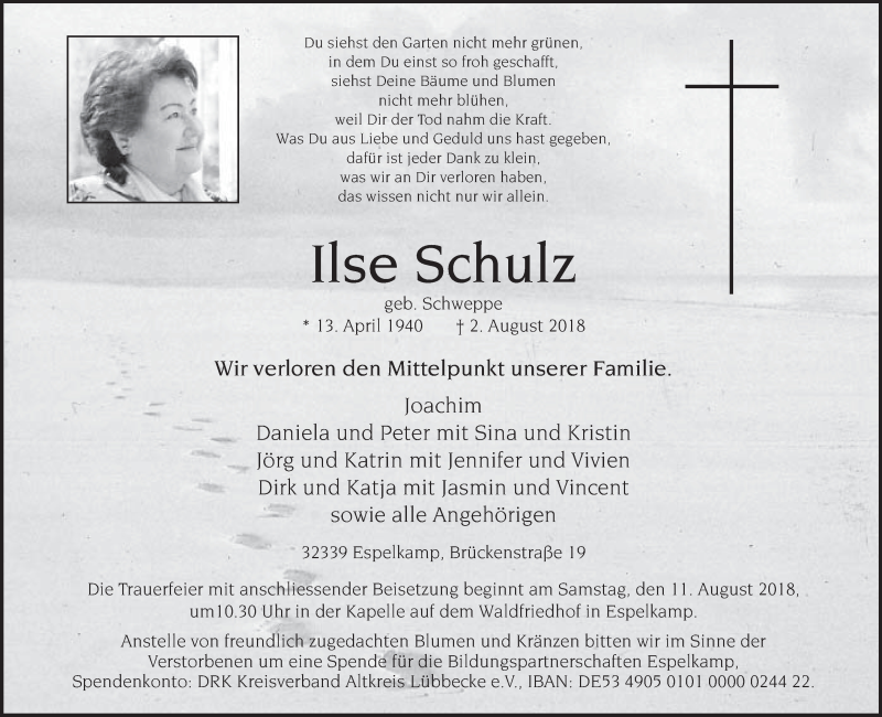  Traueranzeige für Ilse Schulz vom 06.08.2018 aus Neue Westfälische