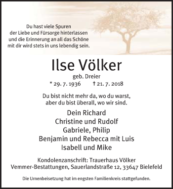 Traueranzeige von Ilse Völker von Neue Westfälische