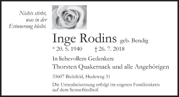 Traueranzeige von Inge Rodins von Neue Westfälische