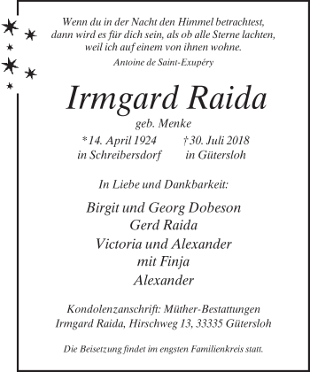Traueranzeige von Irmgard Raida von Neue Westfälische