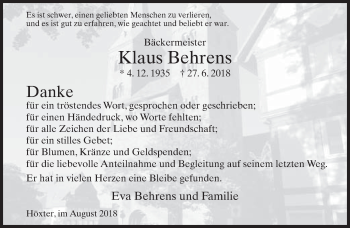 Traueranzeige von Klaus Behrens von Neue Westfälische