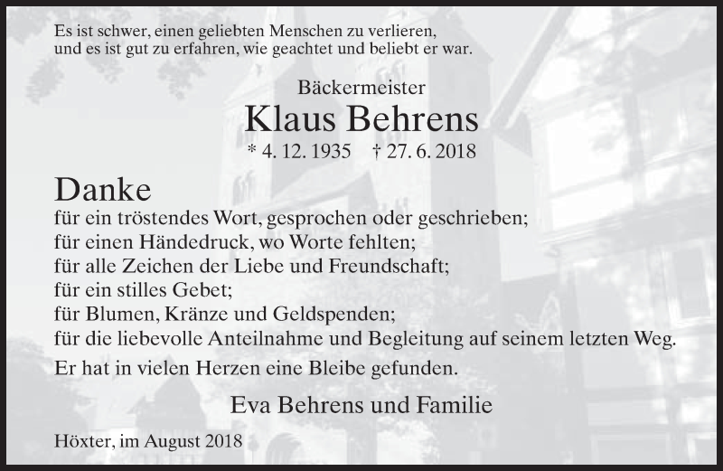  Traueranzeige für Klaus Behrens vom 11.08.2018 aus Neue Westfälische