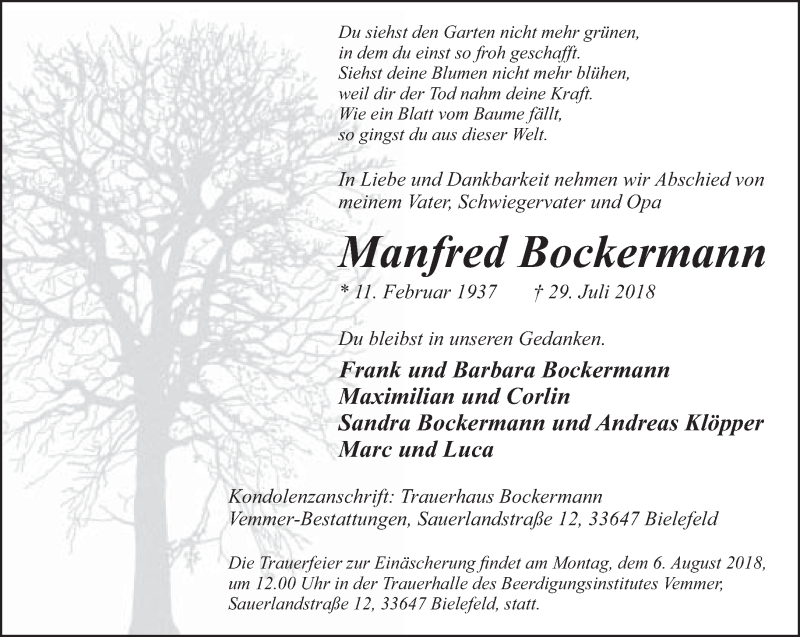  Traueranzeige für Manfred Bockermann vom 04.08.2018 aus Neue Westfälische