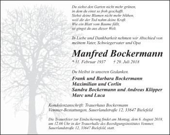 Traueranzeige von Manfred Bockermann von Neue Westfälische