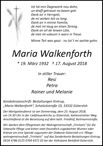 Traueranzeige von Maria Walkenforth von Neue Westfälische