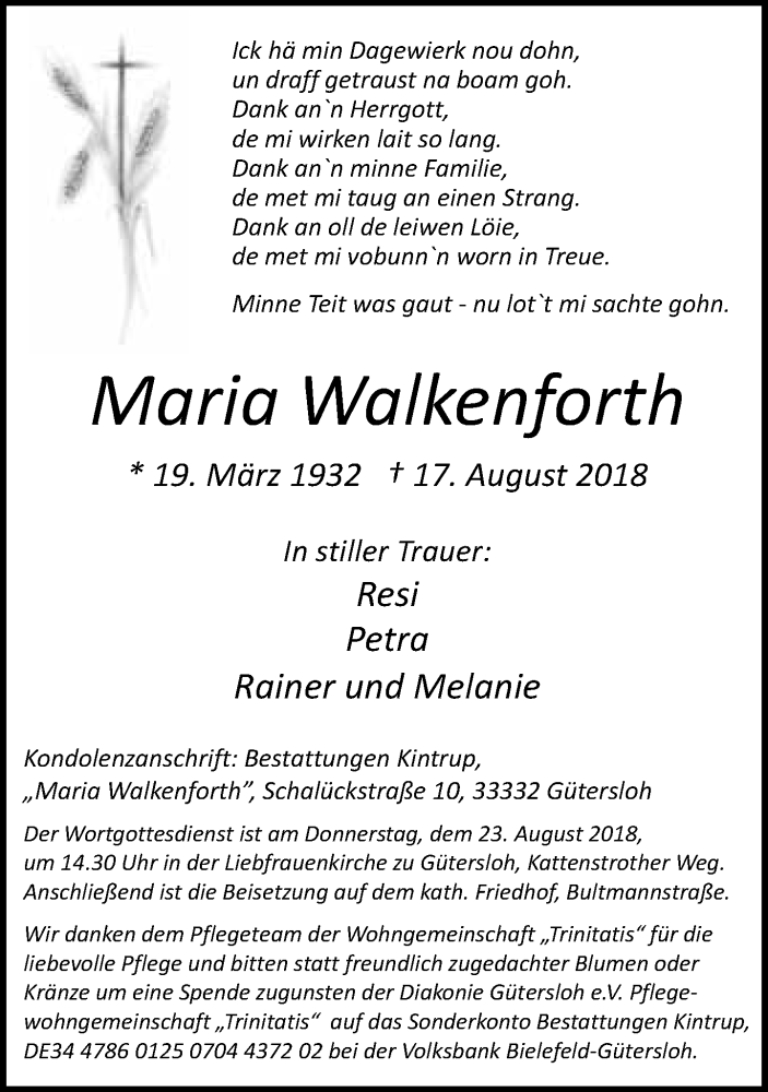  Traueranzeige für Maria Walkenforth vom 21.08.2018 aus Neue Westfälische