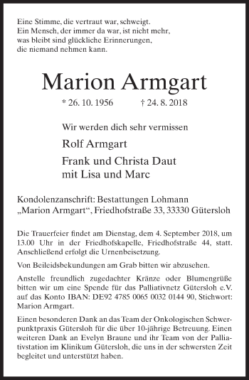 Traueranzeige von Marion Armgart von Neue Westfälische