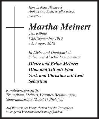 Traueranzeige von Martha Meinert von Neue Westfälische