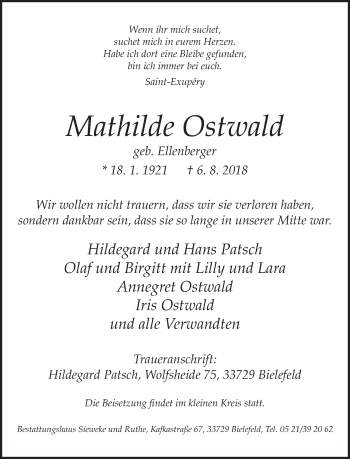 Traueranzeige von Mathilde Ostwald