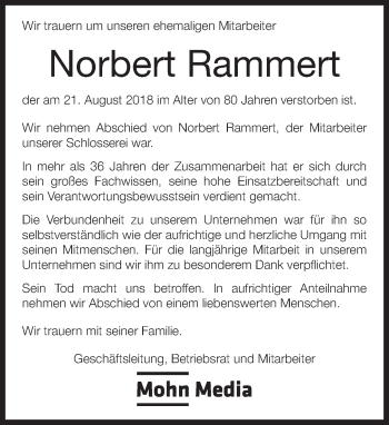 Traueranzeige von Norbert Rammert von Neue Westfälische