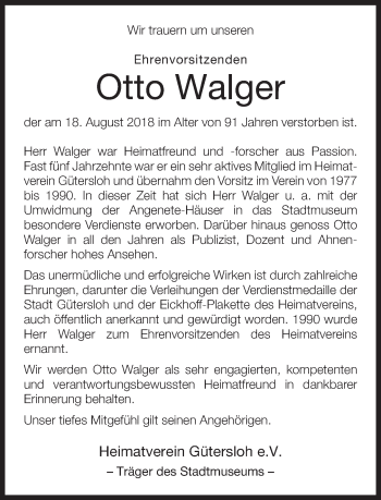 Traueranzeige von Otto Walger von Neue Westfälische
