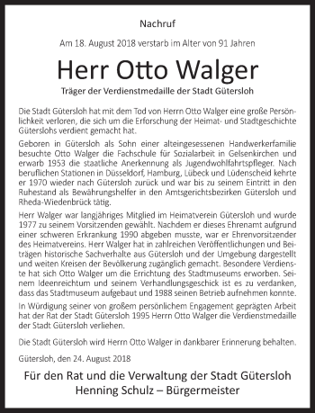 Traueranzeige von Otto Walger von Neue Westfälische