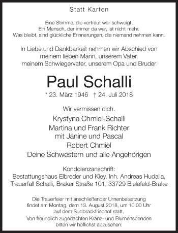 Traueranzeige von Paul Schalli von Neue Westfälische