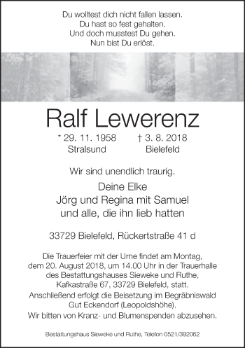 Traueranzeige von Ralf Lewerenz