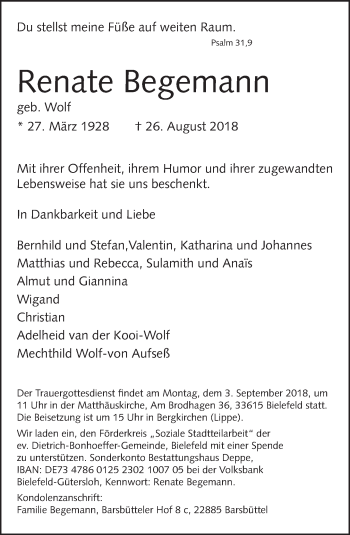 Traueranzeige von Renate Begemann von Neue Westfälische