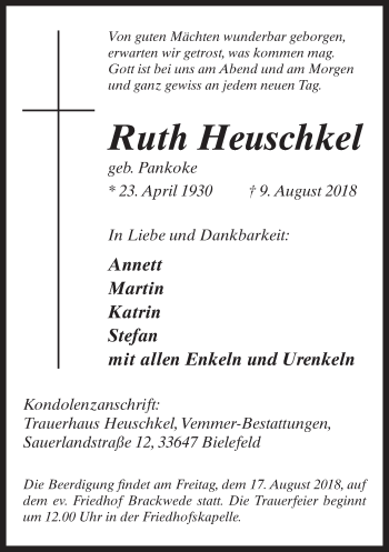 Traueranzeige von Ruth Heuschkel von Neue Westfälische