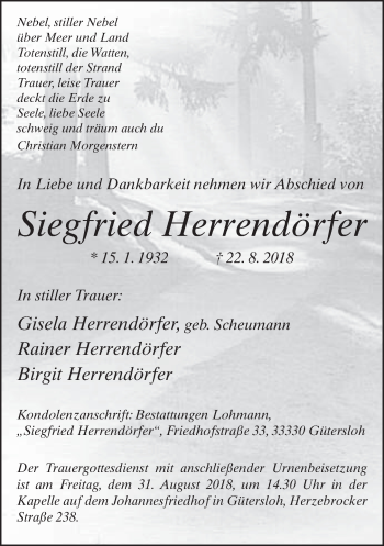 Traueranzeige von Siegfried Herrendörfer von Neue Westfälische