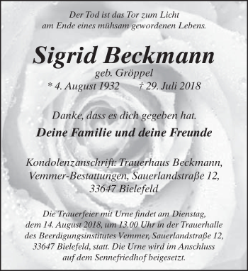 Traueranzeige von Sigrid Beckmann von Neue Westfälische